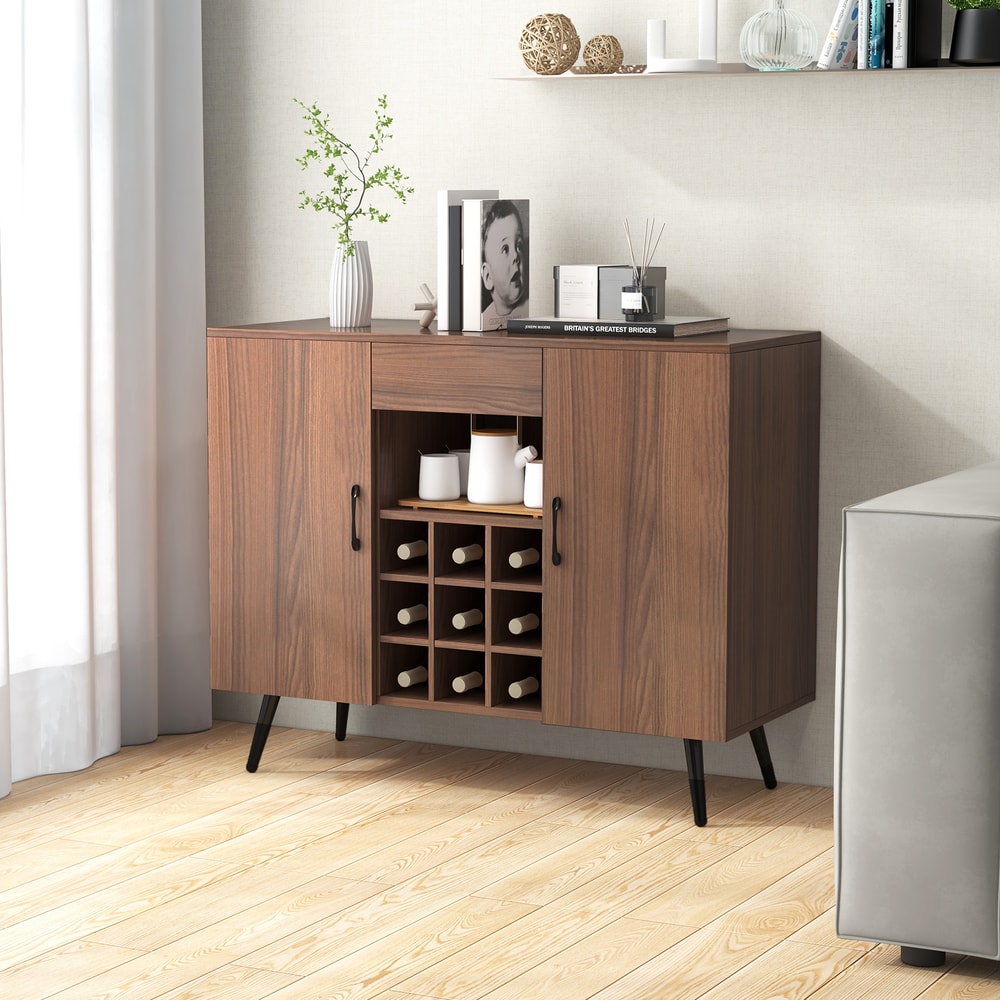 Mid-Century Modern Buffet Sideboard Server Cabinet with 9-Bottle Wine Rack – Stylish Storage & Display