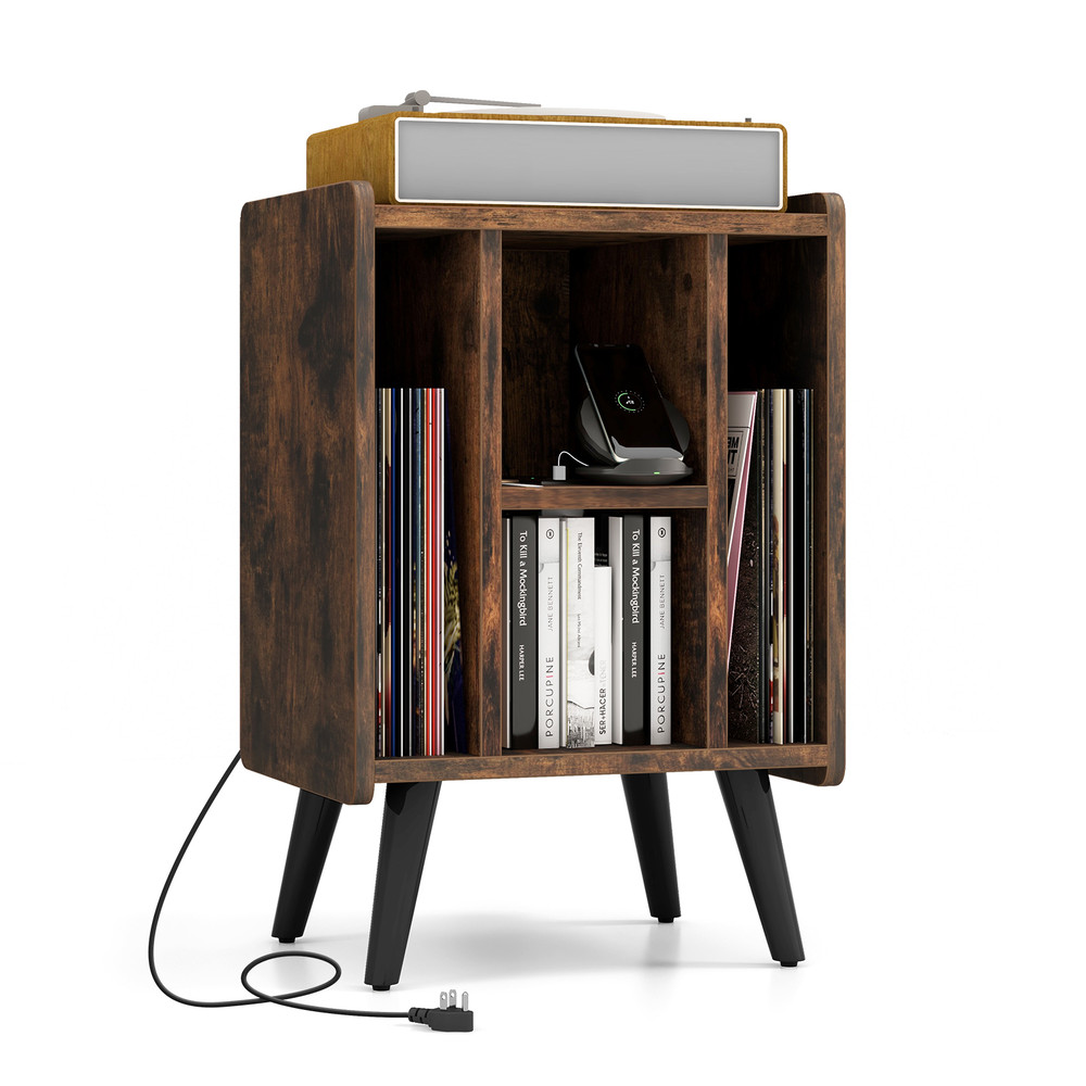 Vinyl Record Storage Turntable Stand with 4 Open Shelves – Compact Media Console with Charging Station