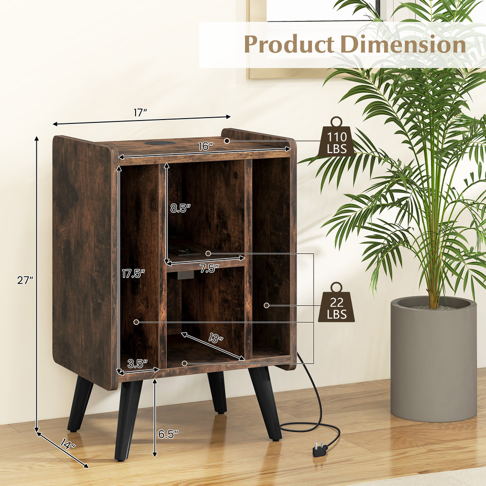 Vinyl Record Storage Turntable Stand with 4 Open Shelves – Compact Media Console with Charging Station