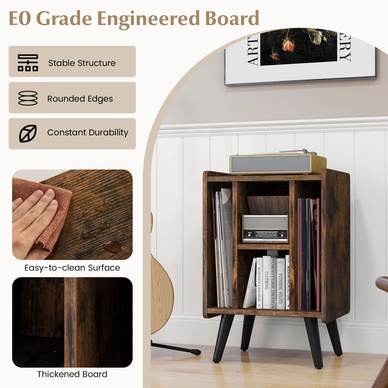 Vinyl Record Storage Turntable Stand with 4 Open Shelves – Compact Media Console with Charging Station