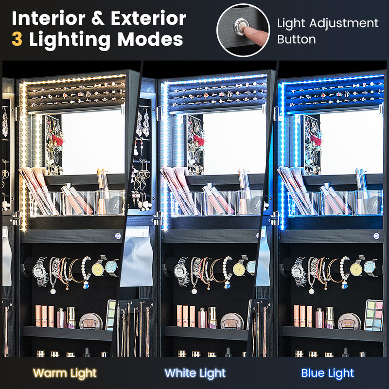 42.5 Inches Lockable Jewelry Mirror Wall Cabinet with 3-Color LED Lights – Vanity & Storage Armoire