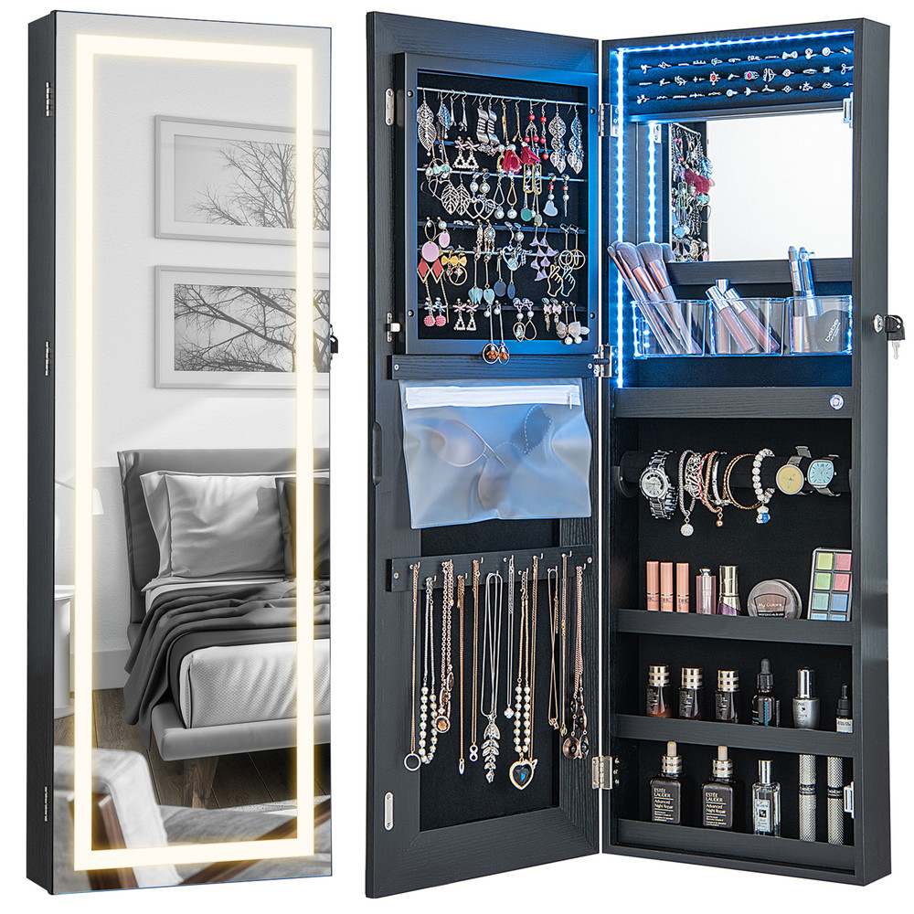 42.5 Inches Lockable Jewelry Mirror Wall Cabinet with 3-Color LED Lights – Vanity & Storage Armoire
