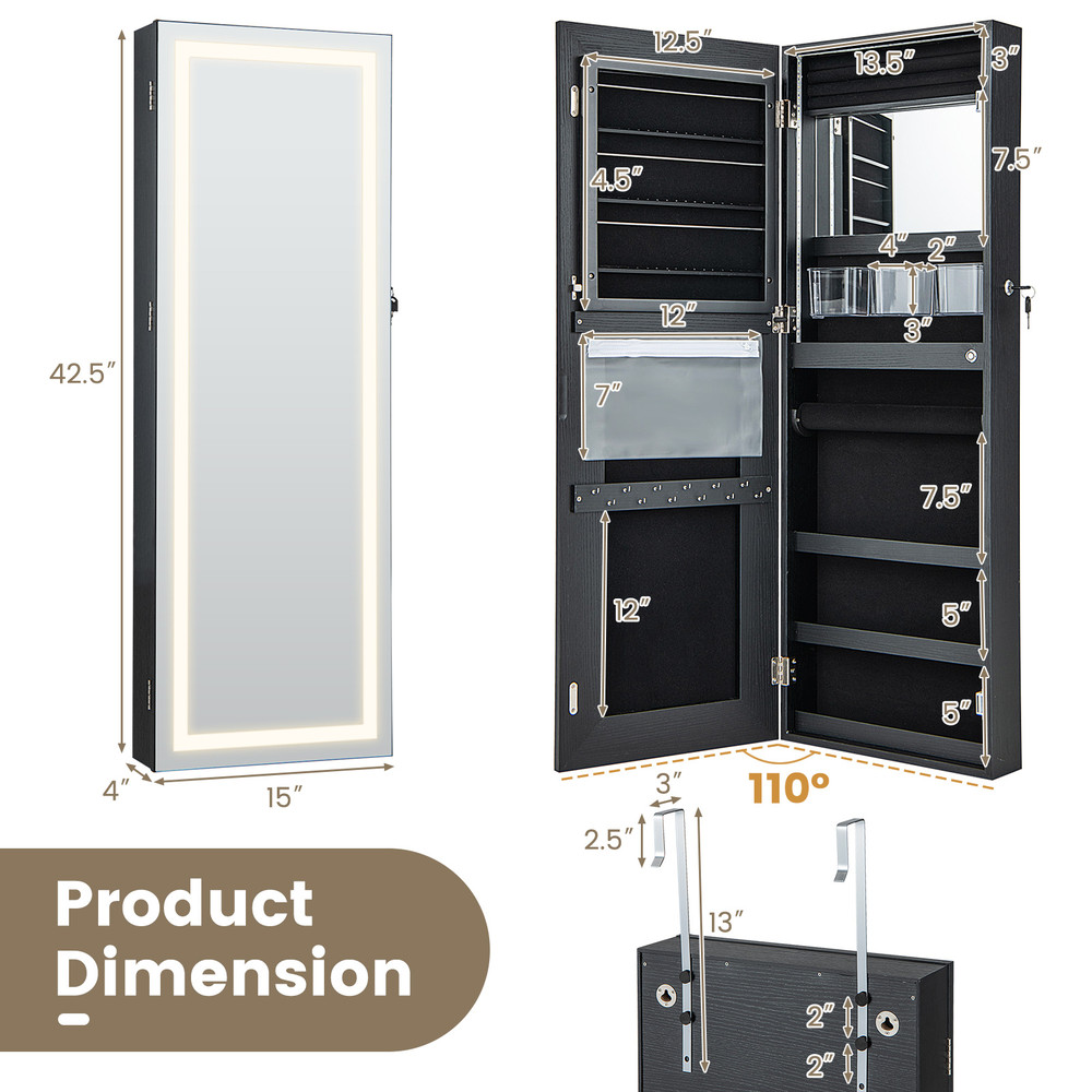 42.5 Inches Lockable Jewelry Mirror Wall Cabinet with 3-Color LED Lights – Vanity & Storage Armoire