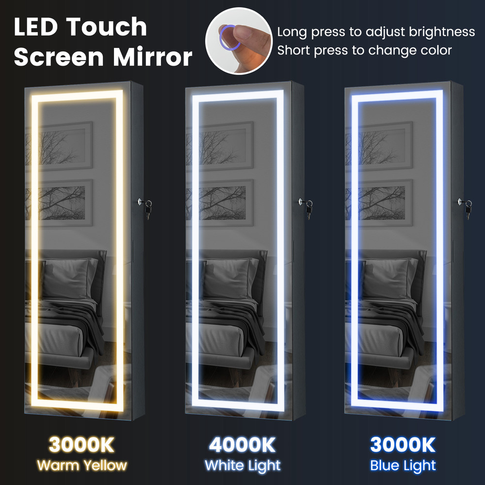 42.5 Inches Lockable Jewelry Mirror Wall Cabinet with 3-Color LED Lights – Vanity & Storage Armoire