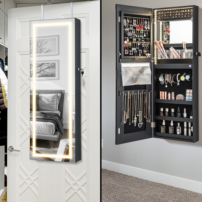 42.5 Inches Lockable Jewelry Mirror Wall Cabinet with 3-Color LED Lights – Vanity & Storage Armoire
