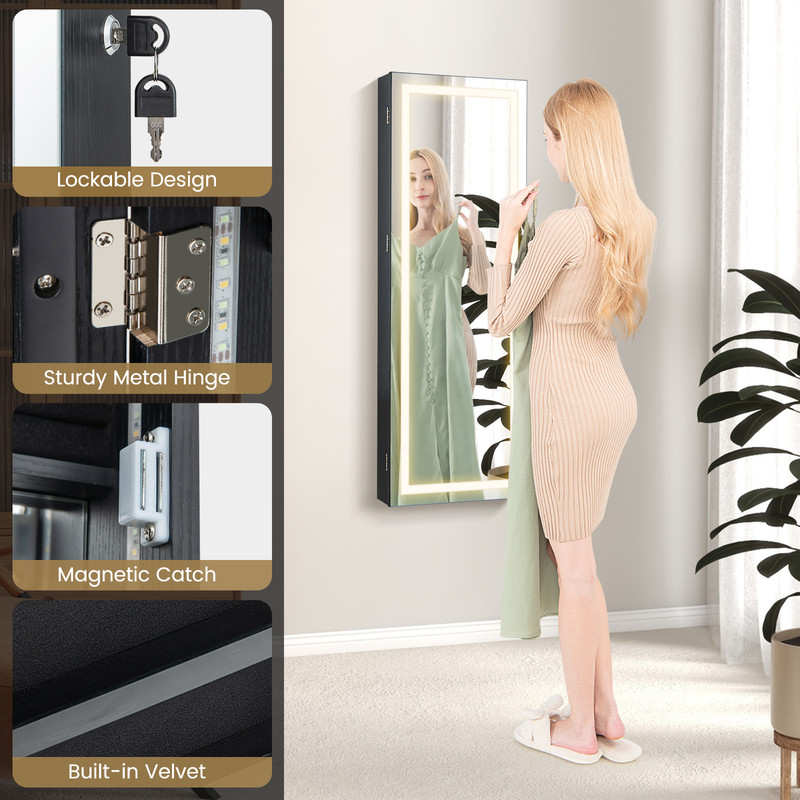 42.5 Inches Lockable Jewelry Mirror Wall Cabinet with 3-Color LED Lights – Vanity & Storage Armoire