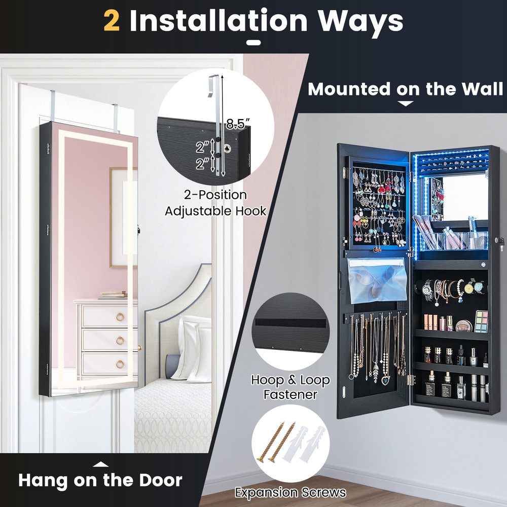 42.5 Inches Lockable Jewelry Mirror Wall Cabinet with 3-Color LED Lights – Vanity & Storage Armoire
