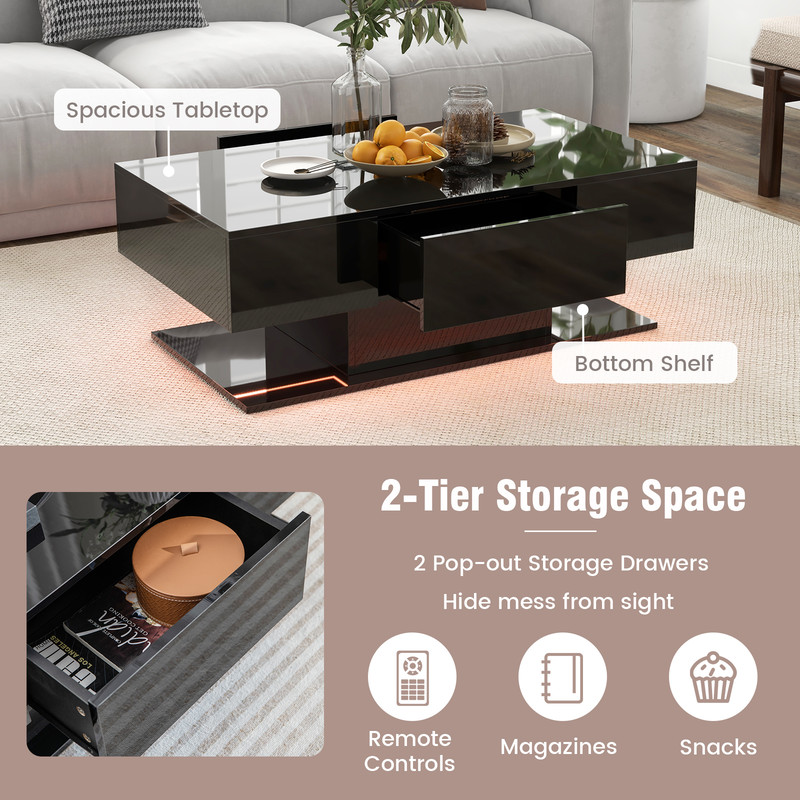 Modern LED Coffee Table with 20 Color LED Lights & 2 Storage Drawers, Remote-Controlled RGB Lighting & High-Gloss Finish