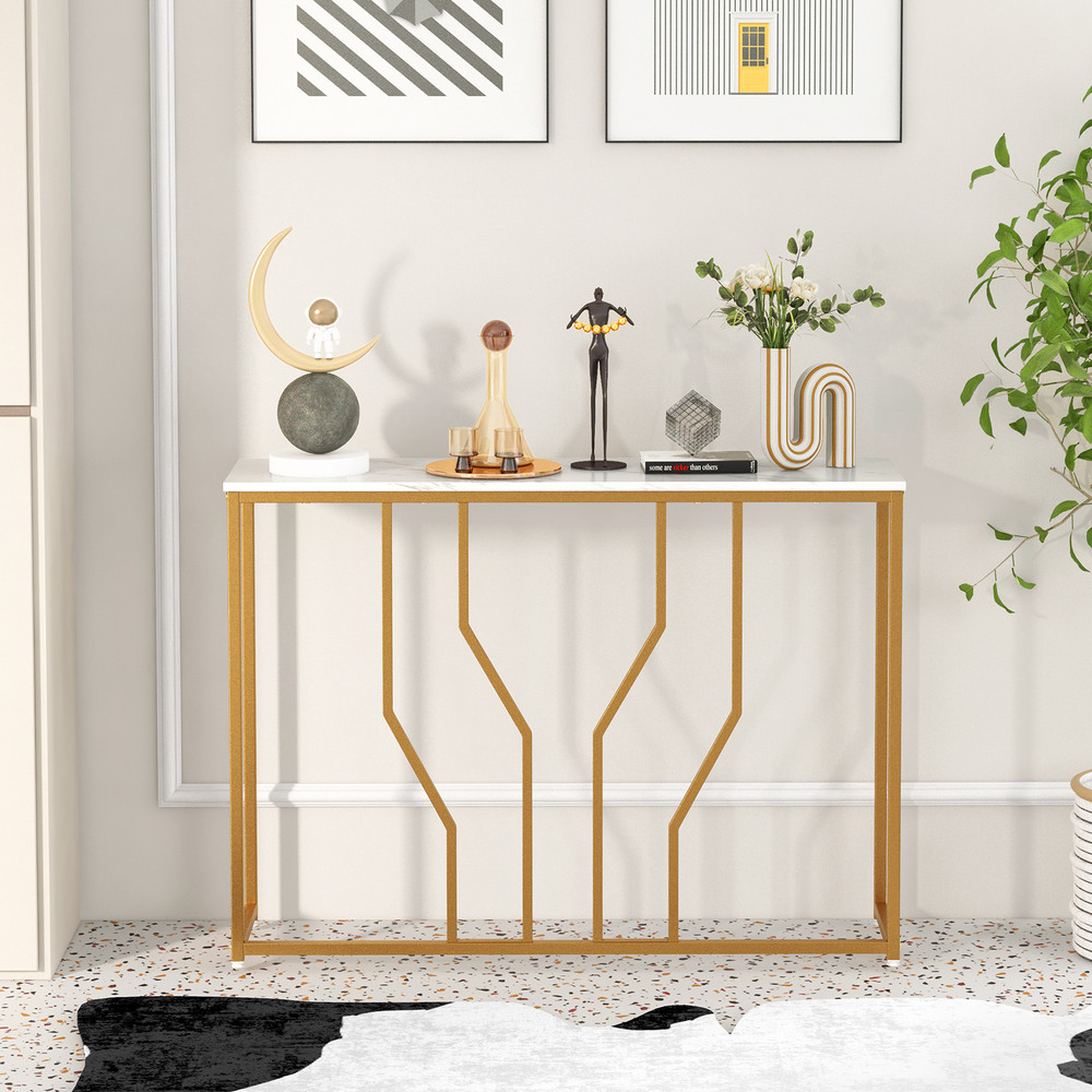 44 Inch Modern White Entryway Table with Faux Marble Tabletop – Luxe Console Table for Hallway & Living Room
