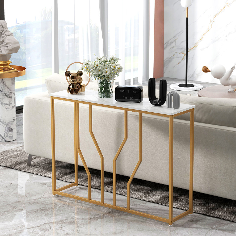 44 Inch Modern White Entryway Table with Faux Marble Tabletop – Luxe Console Table for Hallway & Living Room
