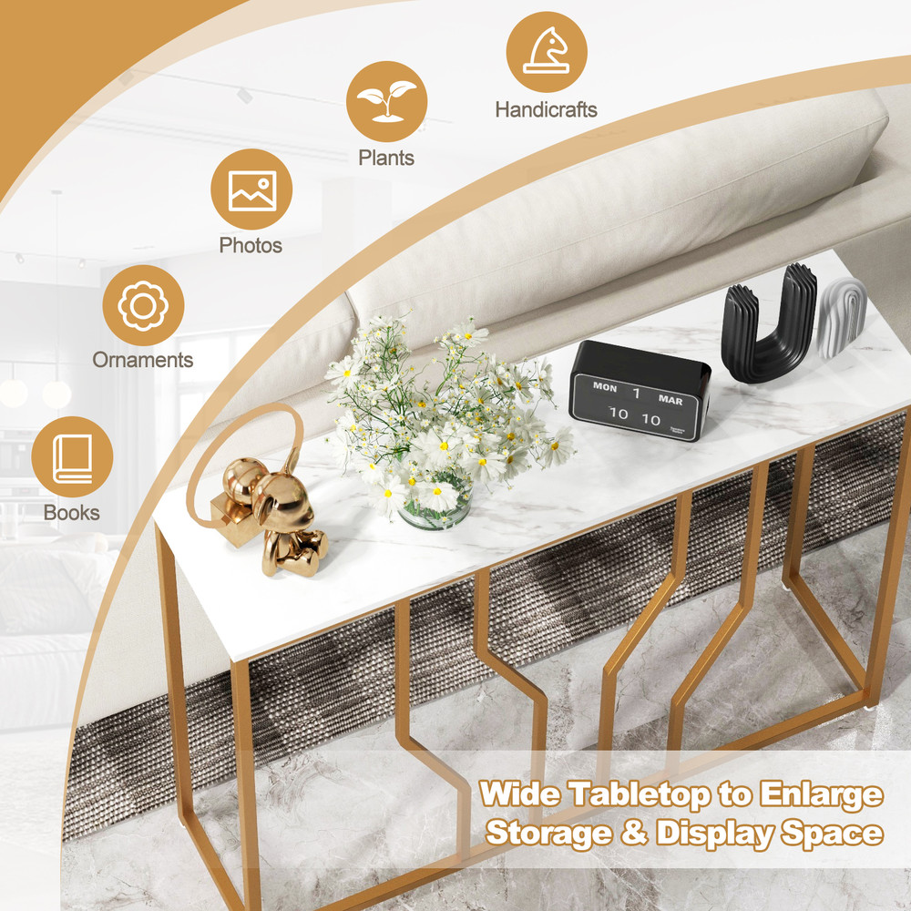 44 Inch Modern White Entryway Table with Faux Marble Tabletop – Luxe Console Table for Hallway & Living Room