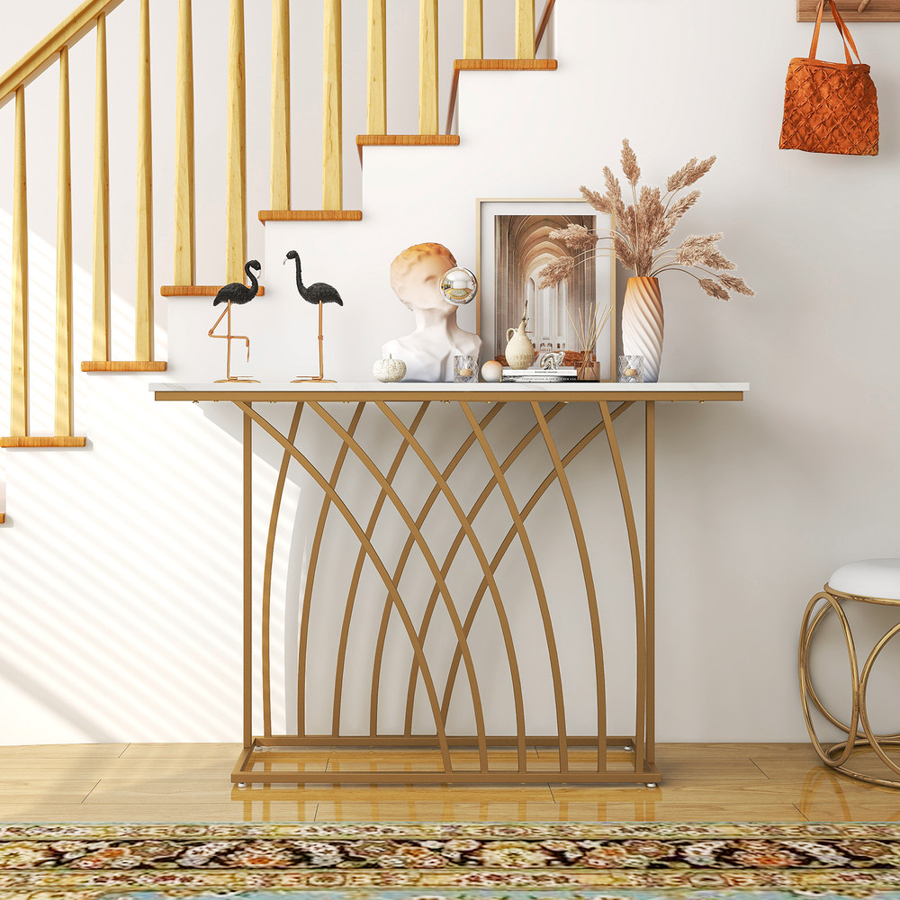 48 Inch Gold Console Table with White Faux Marble Tabletop – Glamorous Entryway & Sofa Table