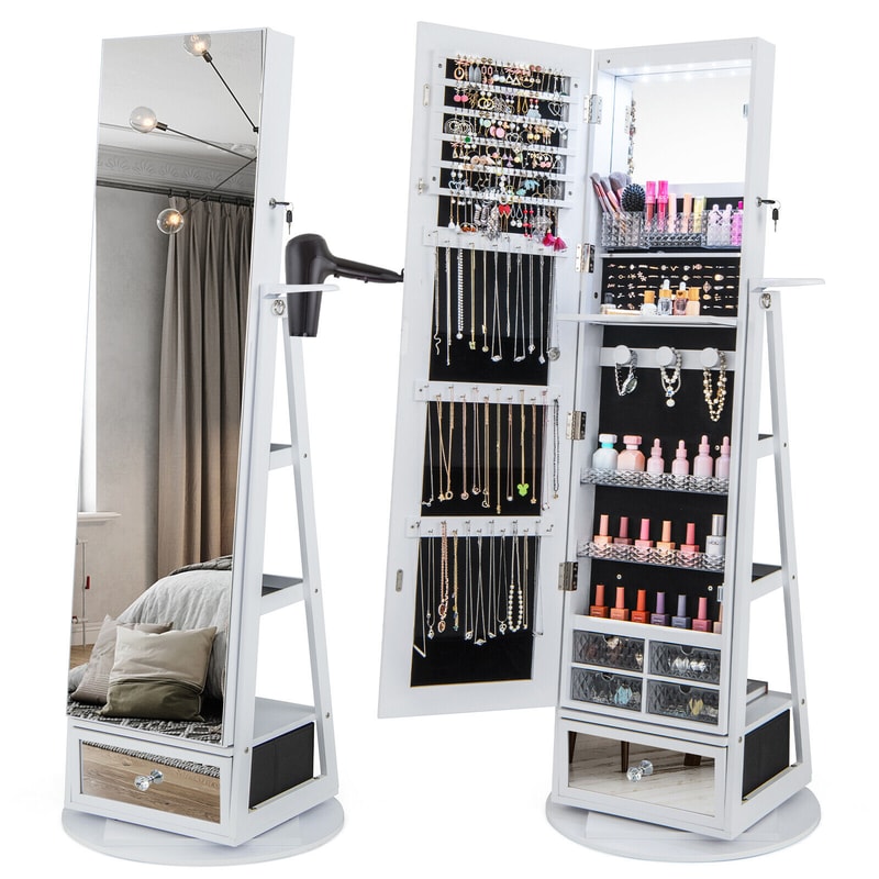 Lockable 360° Swivel Jewelry Cabinet with Full-Length Mirror & LED Lights – Large Vanity Storage Organizer