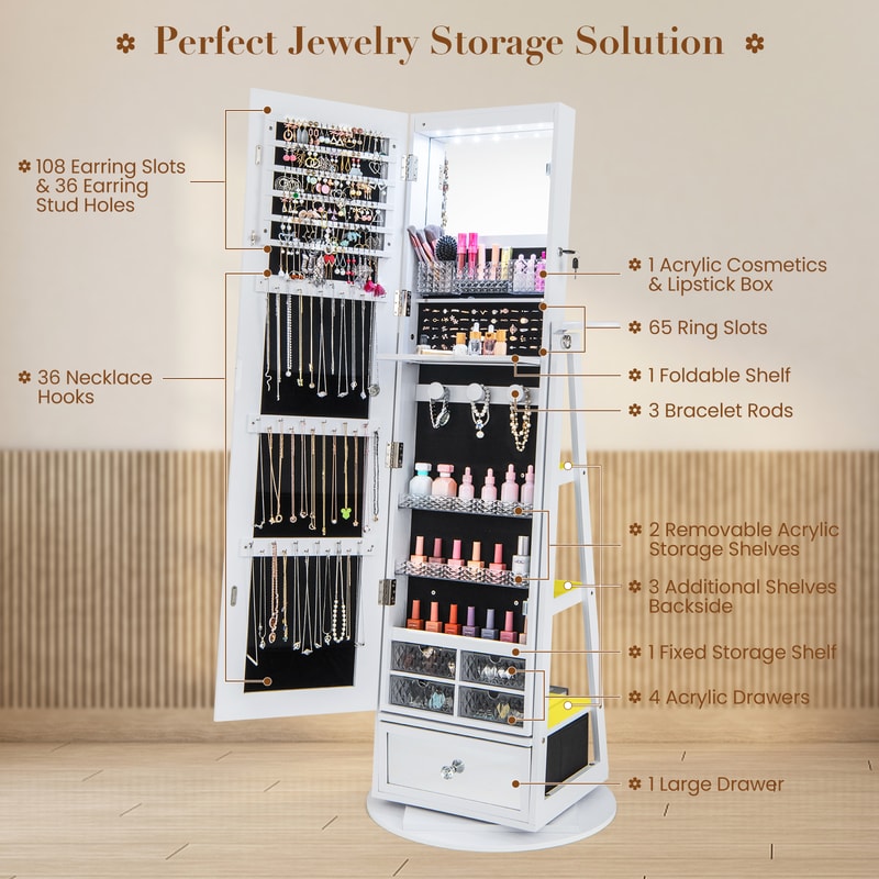 Lockable 360° Swivel Jewelry Cabinet with Full-Length Mirror & LED Lights – Large Vanity Storage Organizer