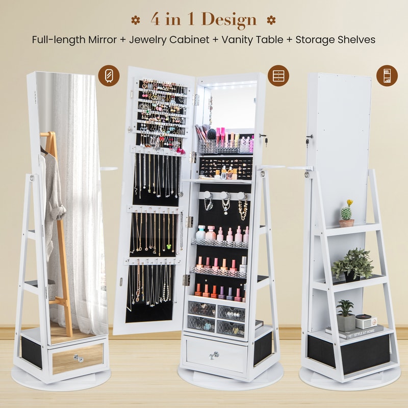Lockable 360° Swivel Jewelry Cabinet with Full-Length Mirror & LED Lights – Large Vanity Storage Organizer