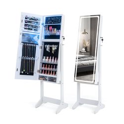 lockable jewelry armoire standing cabinet with lighted full-length mirror, freestanding jewelry organizer with led light