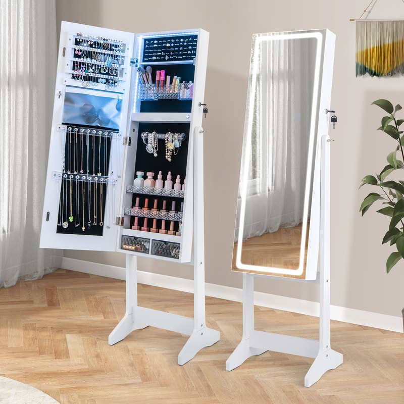 Lockable Jewelry Armoire Standing Cabinet With Lighted FullLength Mirror Freestanding Jewelry Organ 3