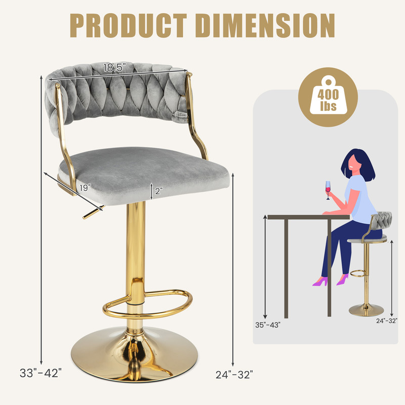 Modern Swivel Barstool With Woven Back Adjustable Velvet Bar Chairs For Kitchen Island Breakfast Co 6