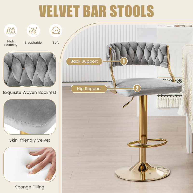 Modern Swivel Barstool With Woven Back Adjustable Velvet Bar Chairs For Kitchen Island Breakfast Co 2