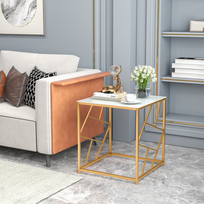 Modern Square End Table With Tempered Glass Tabletop And Gold Finish Geometric Frame For Living Roo 1