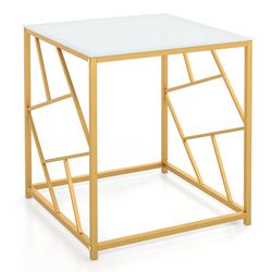 modern square end table with tempered glass tabletop and gold finish geometric frame for living room or bedroom decor