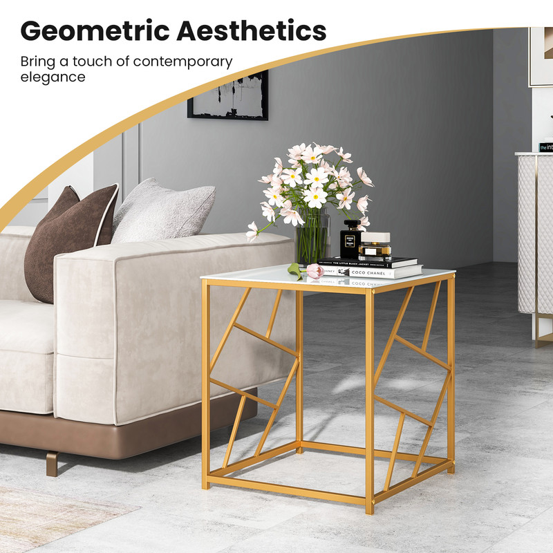 Modern Square End Table With Tempered Glass Tabletop And Gold Finish Geometric Frame For Living Roo 5
