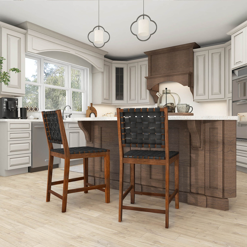 Woven Bar Stools With Faux PU Leather Straps Counter Height Stools With Wood Frame Curved Back And  1