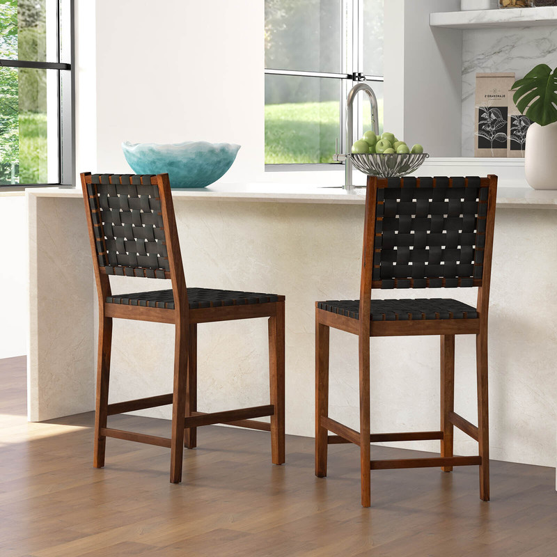 Woven Bar Stools With Faux PU Leather Straps Counter Height Stools With Wood Frame Curved Back And  2