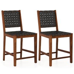 woven bar stools with faux pu leather straps, counter height stools with wood frame, curved back, and footrest for home