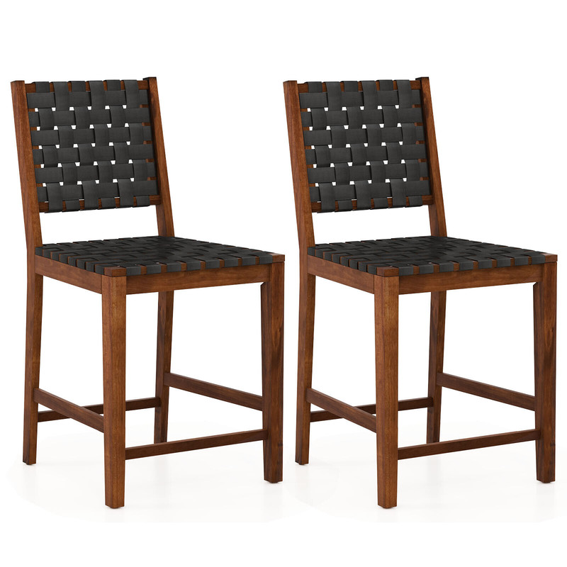 Woven Bar Stools With Faux PU Leather Straps Counter Height Stools With Wood Frame Curved Back And  0