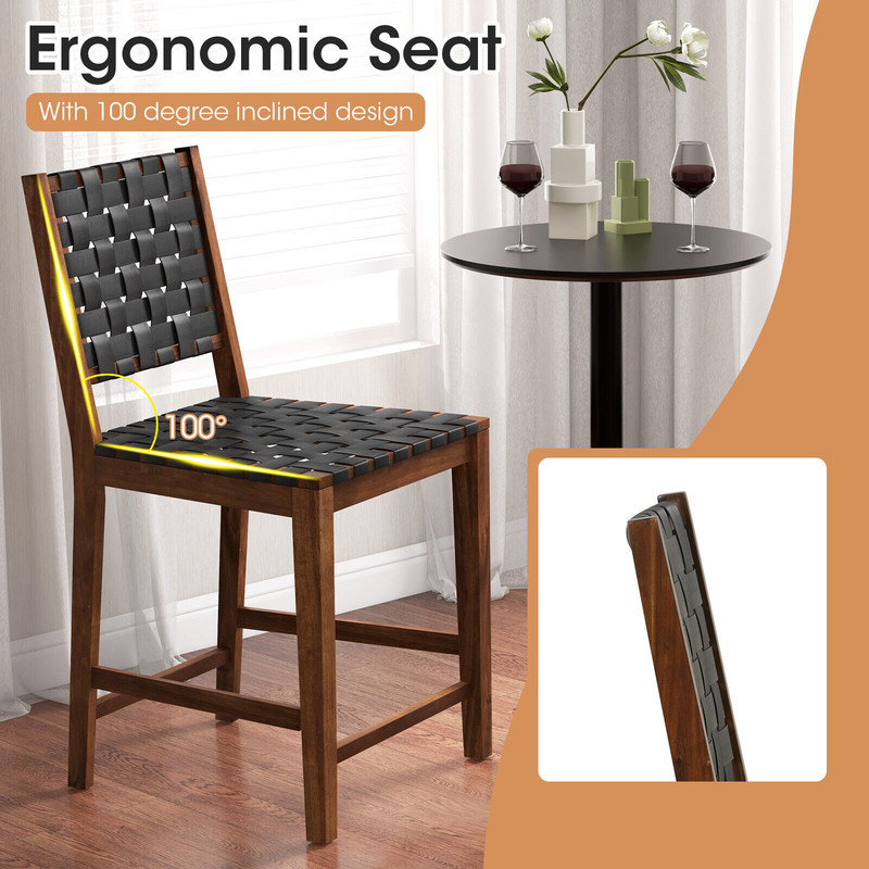 Woven Bar Stools With Faux PU Leather Straps Counter Height Stools With Wood Frame Curved Back And  3
