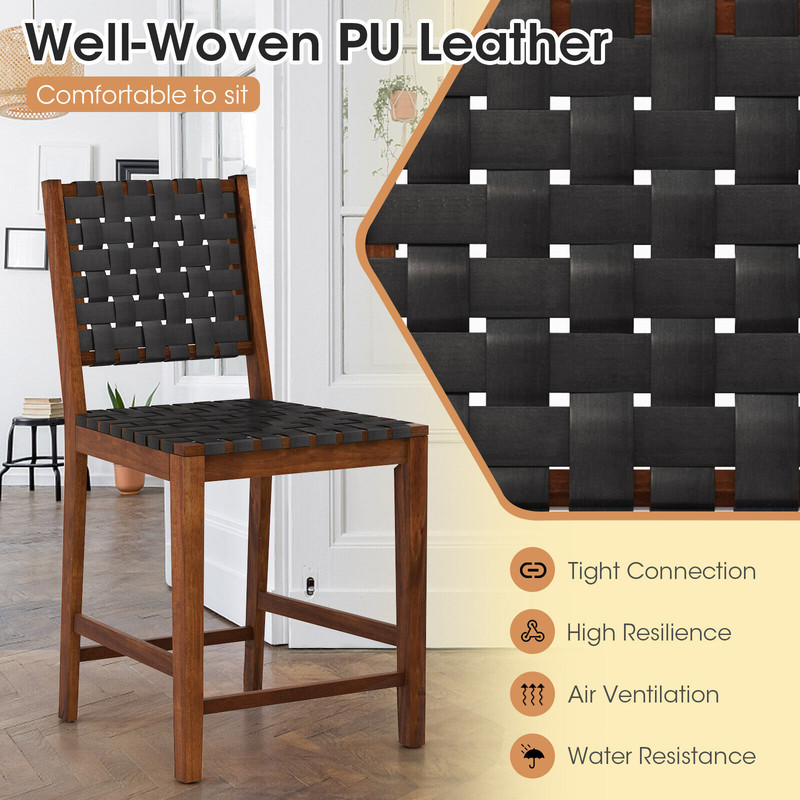 Woven Bar Stools With Faux PU Leather Straps Counter Height Stools With Wood Frame Curved Back And  4