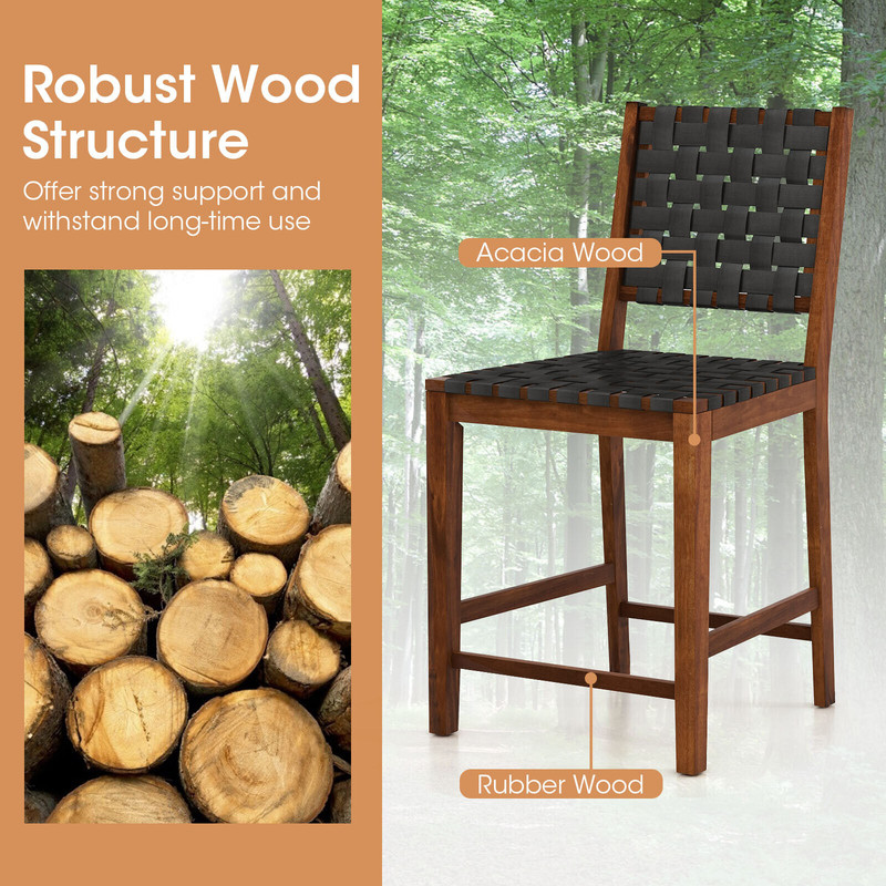 Woven Bar Stools With Faux PU Leather Straps Counter Height Stools With Wood Frame Curved Back And  5
