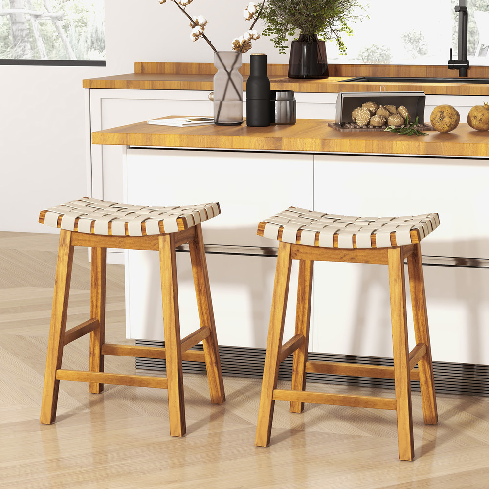 Faux PU Leather Bar Stools With Woven Curved Seat Natural Counter Height Saddle Stools For Modern K 1