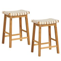 faux pu leather bar stools with woven curved seat natural, counter height saddle stools for modern kitchen & home bar