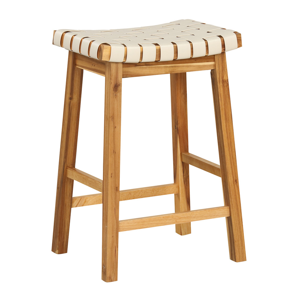 Faux PU Leather Bar Stools With Woven Curved Seat Natural Counter Height Saddle Stools For Modern K 7