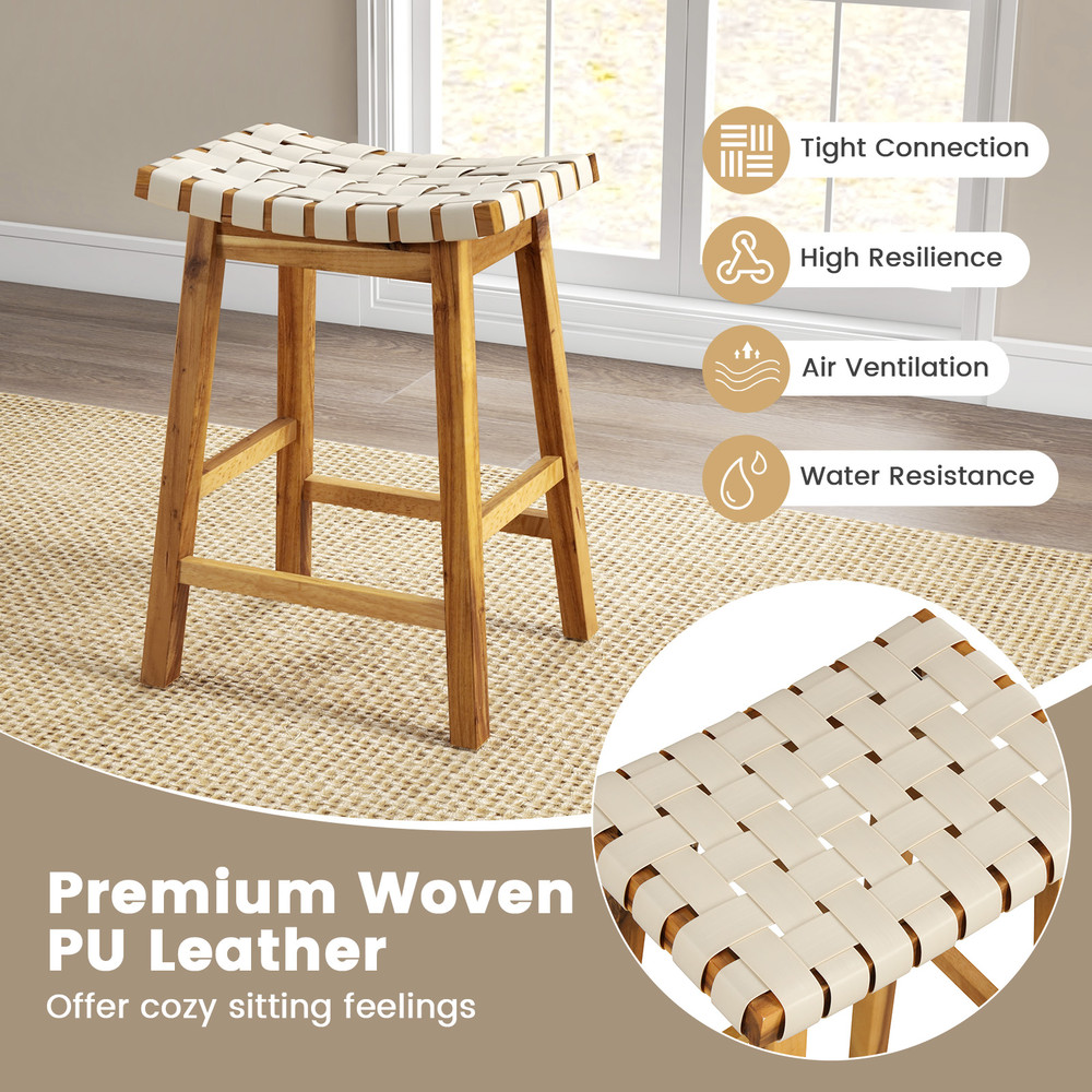 Faux PU Leather Bar Stools With Woven Curved Seat Natural Counter Height Saddle Stools For Modern K 3