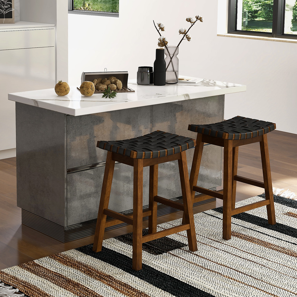 Faux PU Leather Bar Height Stools With Woven Curved Saddle Seat Stylish Counter Chairs With Footres 1