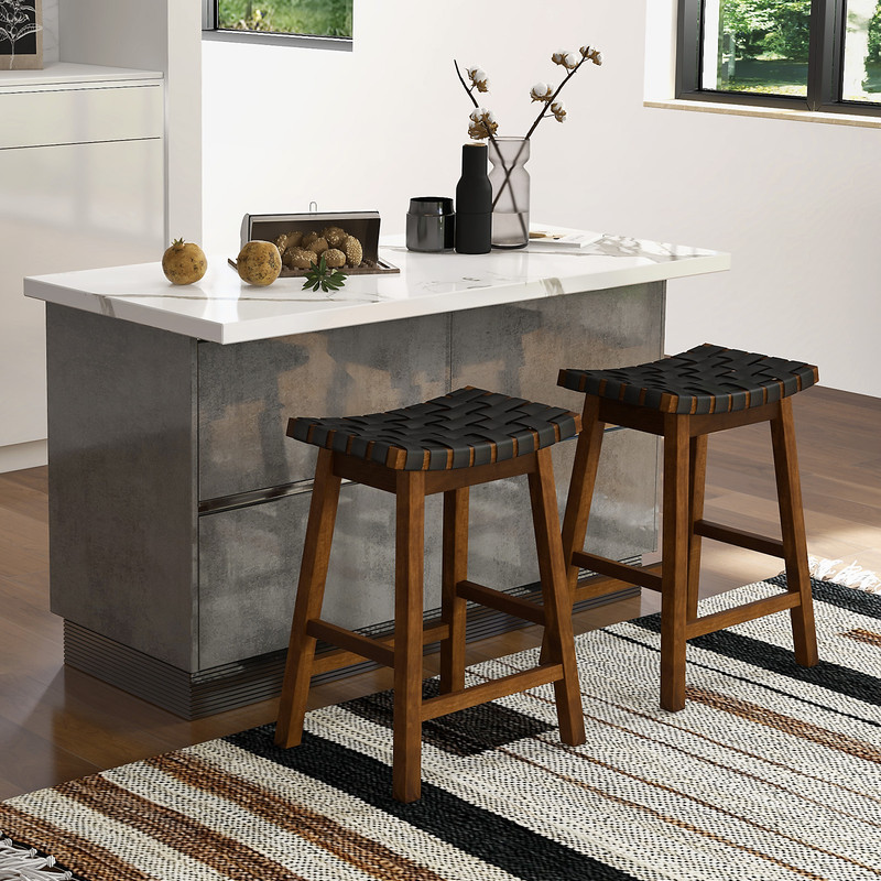 Faux PU Leather Bar Height Stools With Woven Curved Saddle Seat Stylish Counter Chairs With Footres 1
