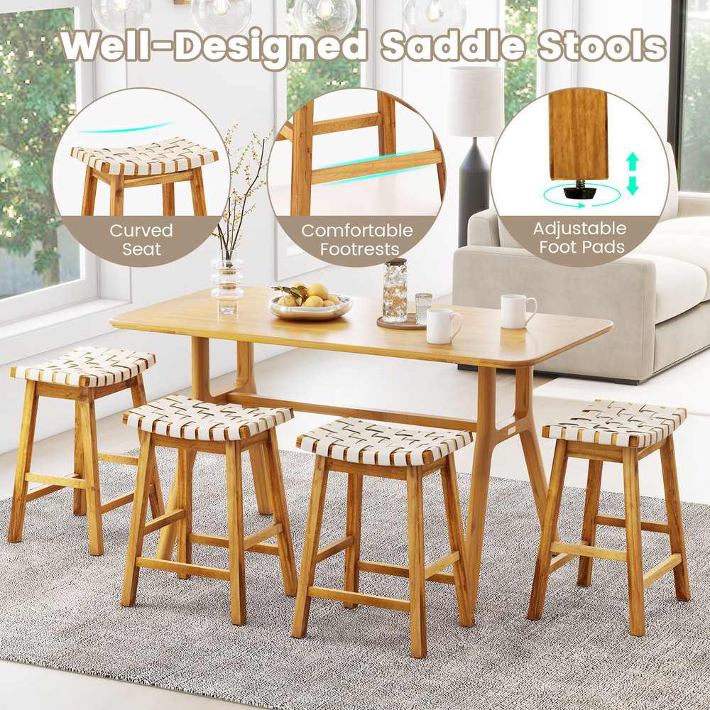 Faux PU Leather Bar Stools With Woven Curved Seat Natural Counter Height Saddle Stools For Modern K 5