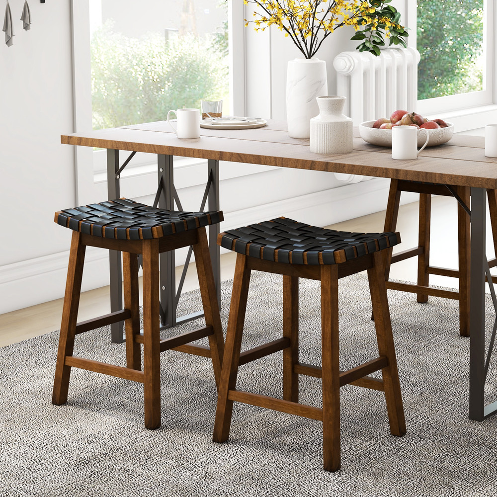 Faux PU Leather Bar Height Stools With Woven Curved Saddle Seat Stylish Counter Chairs With Footres 2
