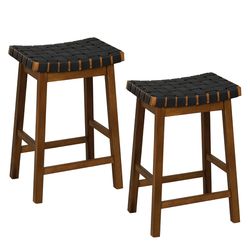 faux pu leather bar height stools with woven curved saddle seat, stylish counter chairs with footrests for home