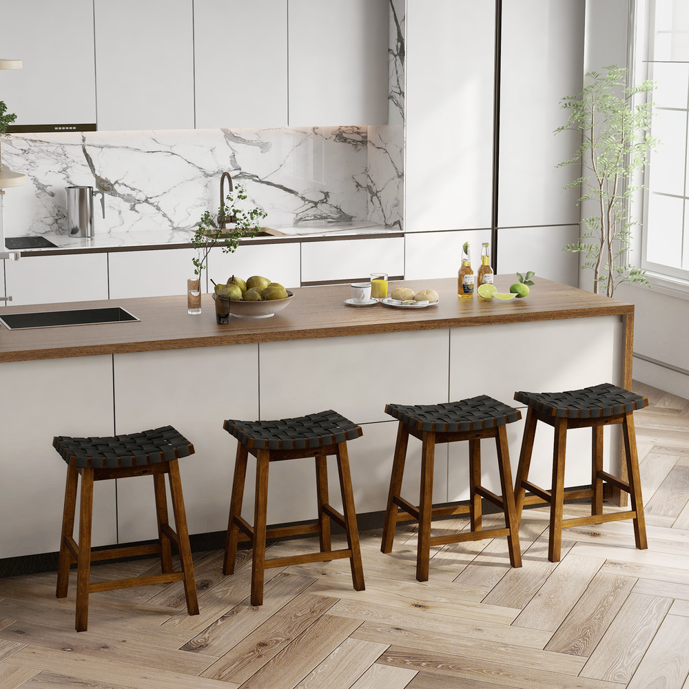 Faux PU Leather Bar Height Stools With Woven Curved Saddle Seat Stylish Counter Chairs With Footres 3