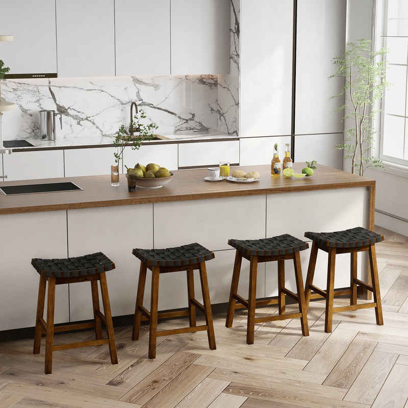 Faux PU Leather Bar Height Stools With Woven Curved Saddle Seat Stylish Counter Chairs With Footres 3