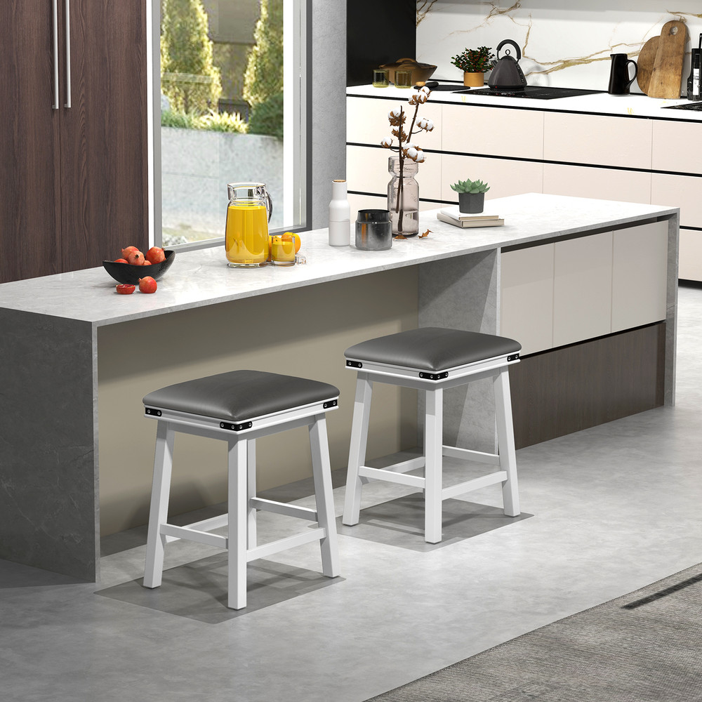 Modern Bar Stools Acacia Wood Frame With PU Leather Padded Seat Footrest Support For Kitchen Island 1