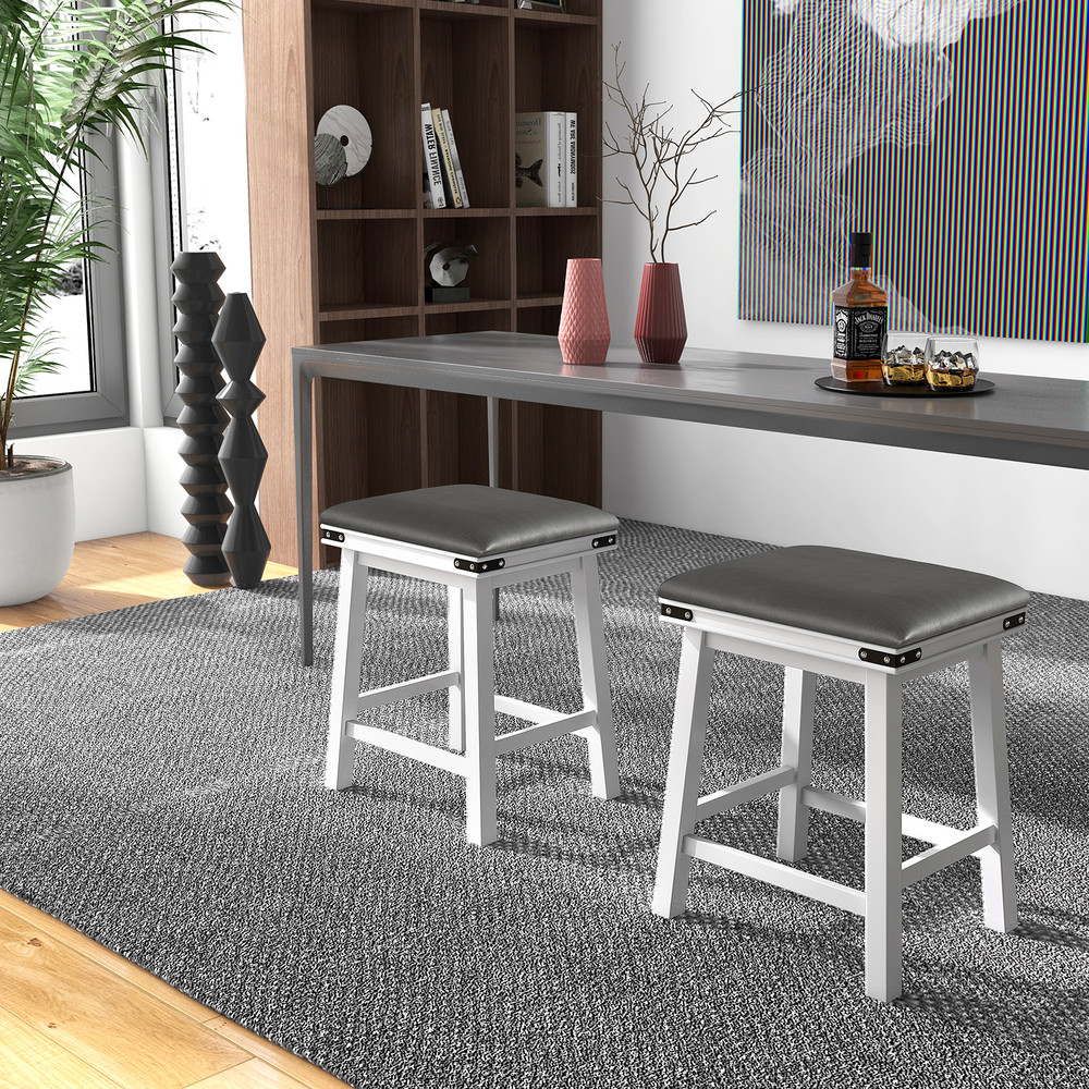 Modern Bar Stools Acacia Wood Frame With PU Leather Padded Seat Footrest Support For Kitchen Island 2