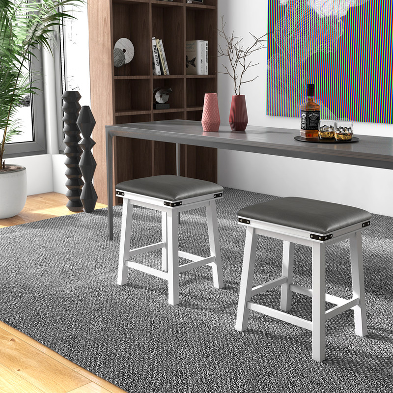 Modern Bar Stools Acacia Wood Frame With PU Leather Padded Seat Footrest Support For Kitchen Island 2