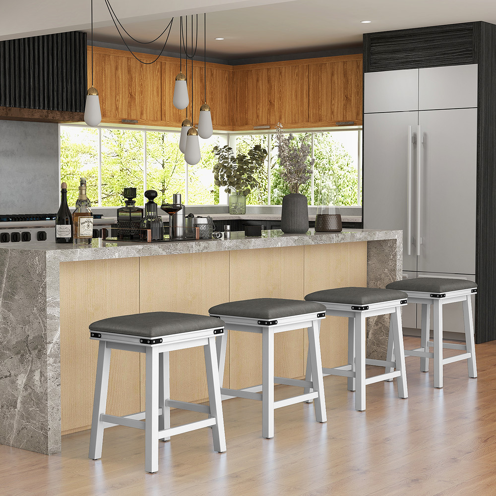 Modern Bar Stools Acacia Wood Frame With PU Leather Padded Seat Footrest Support For Kitchen Island 3