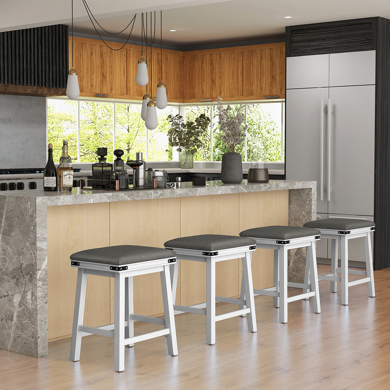 Modern Bar Stools Acacia Wood Frame With PU Leather Padded Seat Footrest Support For Kitchen Island 3