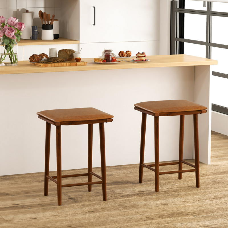 Rustic Barstools With Removable PU Cushion  Footrest Backless Counter Height Stools For Kitchen Bar 1